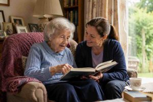 Elderly woman reading a book with the support of a smiling homecare worker in a comfortable Irish home, illustrating how familiar activities such as reading can help keep the mind engaged, support cognitive stimulation and promote companionship for people living with dementia.